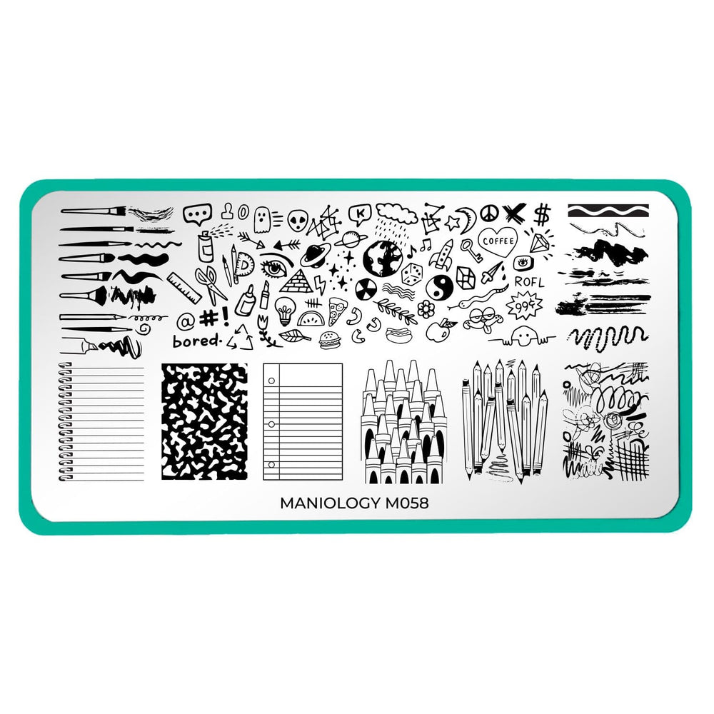 A nail stamping plate with doodles, scribbles, and notebook designs by Maniology (m058).