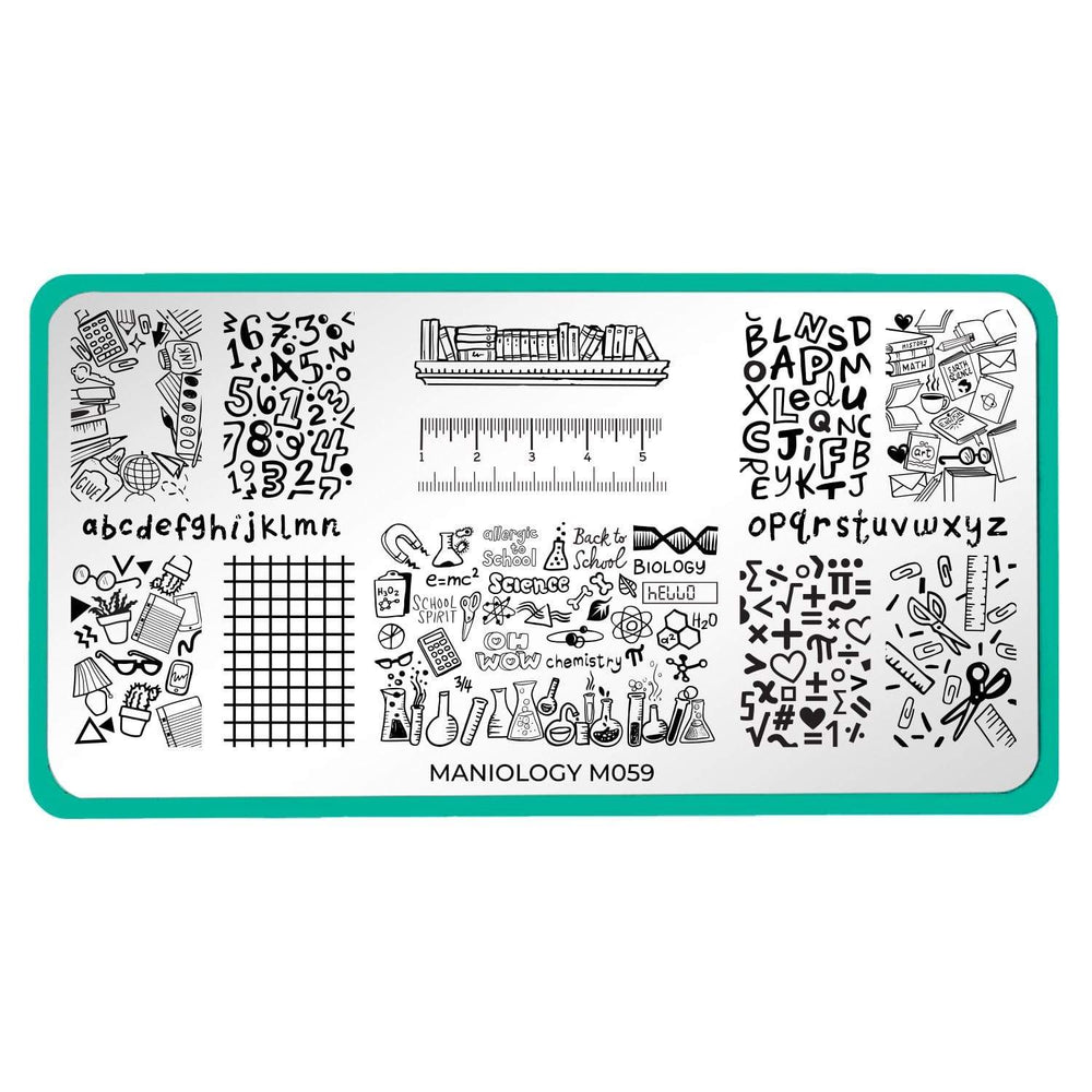 A nail stamping plate featuring a variety of full nail and accent designs as well as textbooks, math symbols, and science equipment by Maniology (m059).