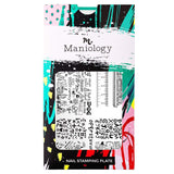 A nail stamping plate featuring a variety of full nail and accent designs as well as textbooks, math symbols, and science equipment by Maniology (m059).