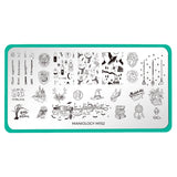 A nail stamping plate with wands, brooms, spellbooks, and charms designs by Maniology (m152).
