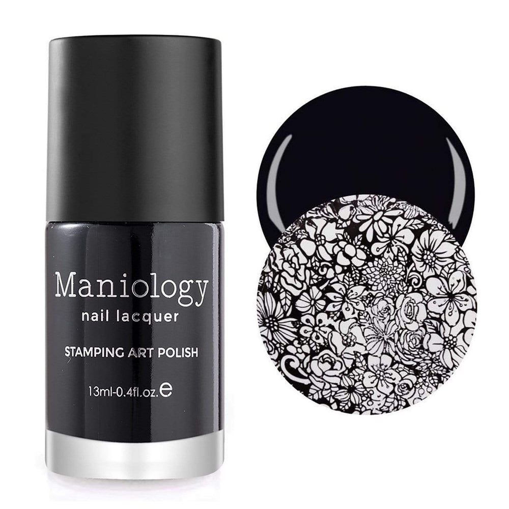 A Black (B171) stamping polish with a bottle size 13mL (0.4 fl oz.) by Maniology.