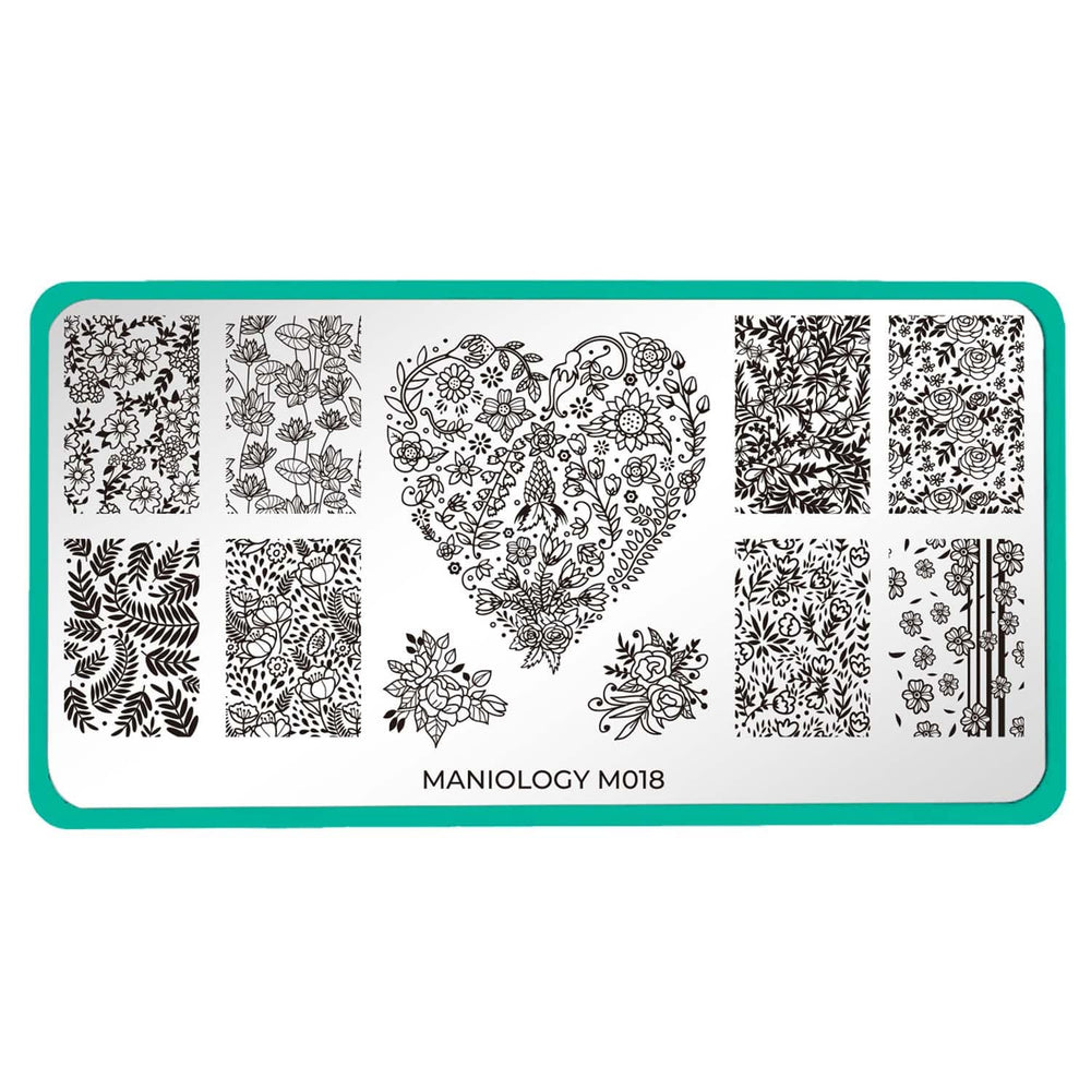  A nail stamping plate with cascading flower petals and furling ferns design by Maniology (m018).