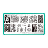 A nail art stamping plate with a variety of full nail and accent designs featuring cacti, succulents, and wood grain designs (m068).