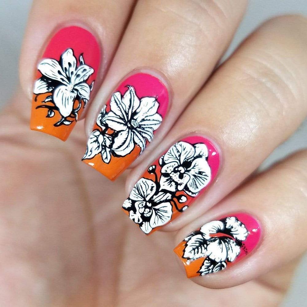 A manicured hand in handpicked flower designs.