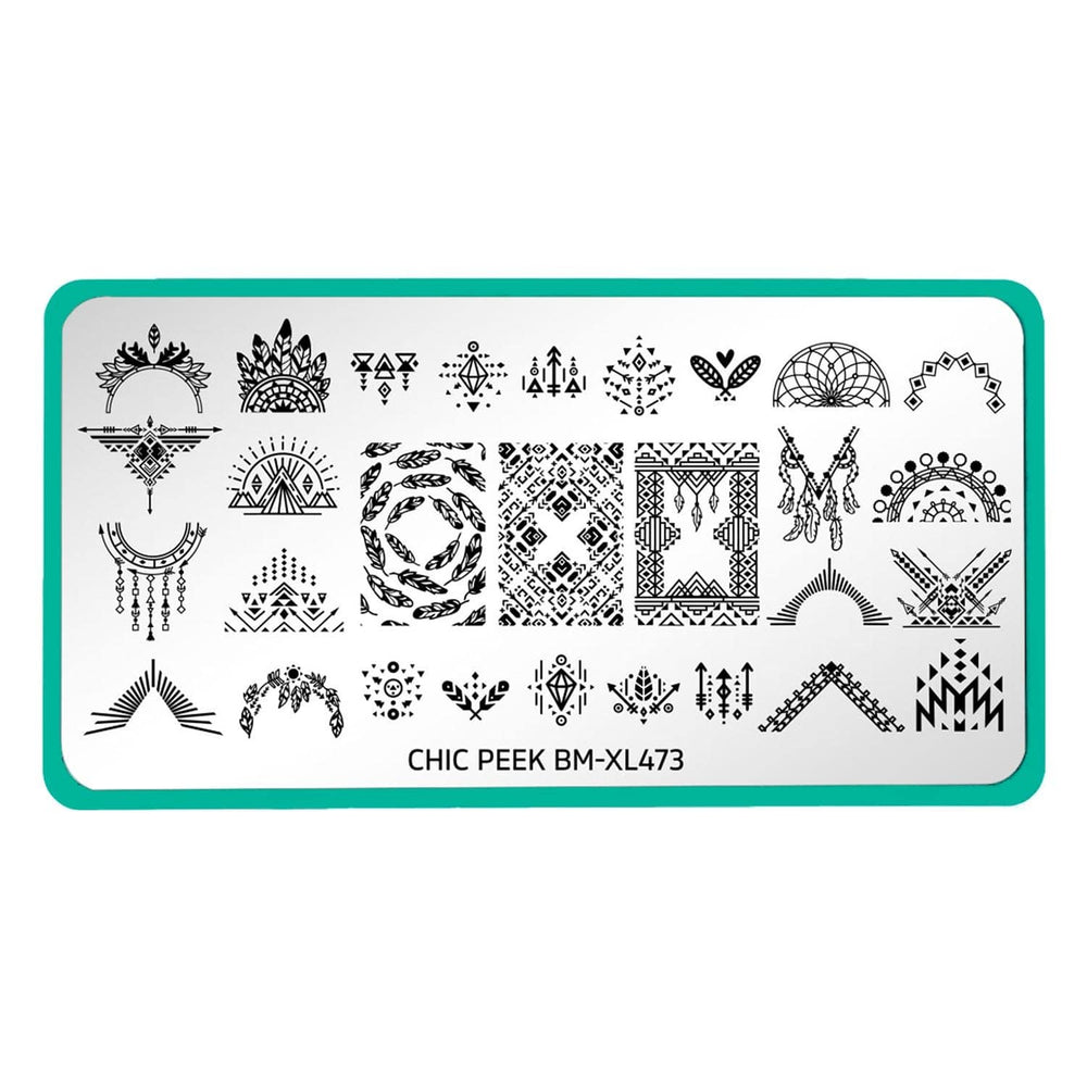  A nail stamping plate with geometrical tribal designs along with warm, earthy weaves of feathers and willow hoops, an array of arches, pyramids, headdresses, and kaleidoscopic accent designs by Maniology (BM-XL473).