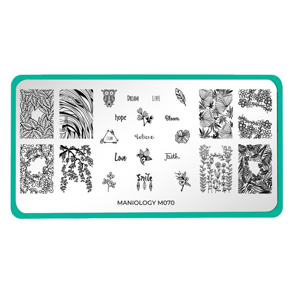 A nail stamping plate with a variety of inspirational words, and 8 leafy full nail designs by Maniology (m070).