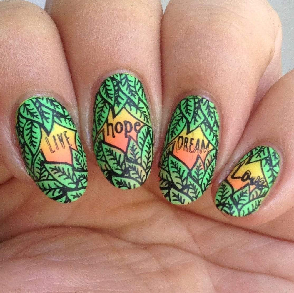 A manicured hand with inspirational words, and leafy designs by Maniology (m070).