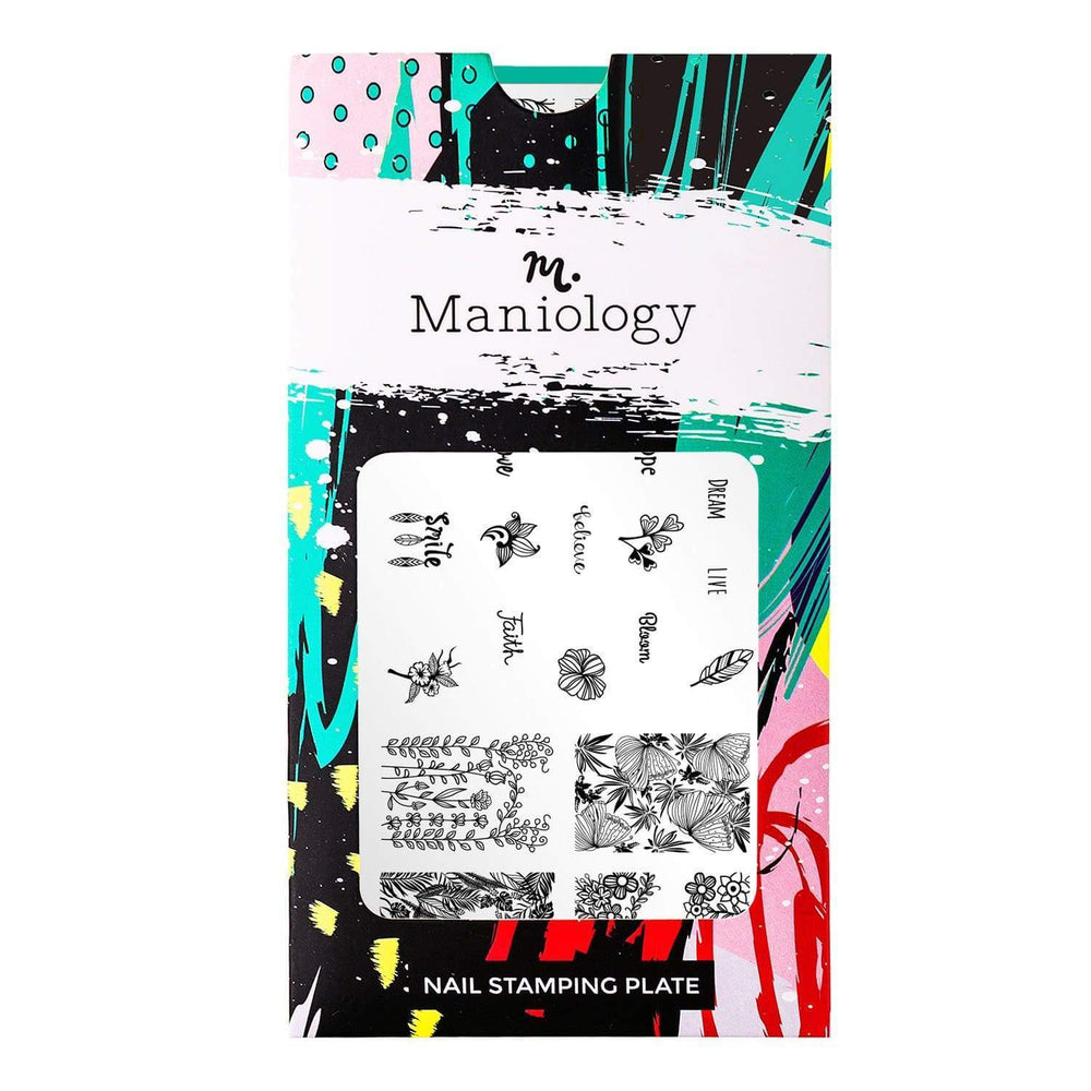 A nail stamping plate with a variety of inspirational words, and 8 leafy full nail designs by Maniology (m070).