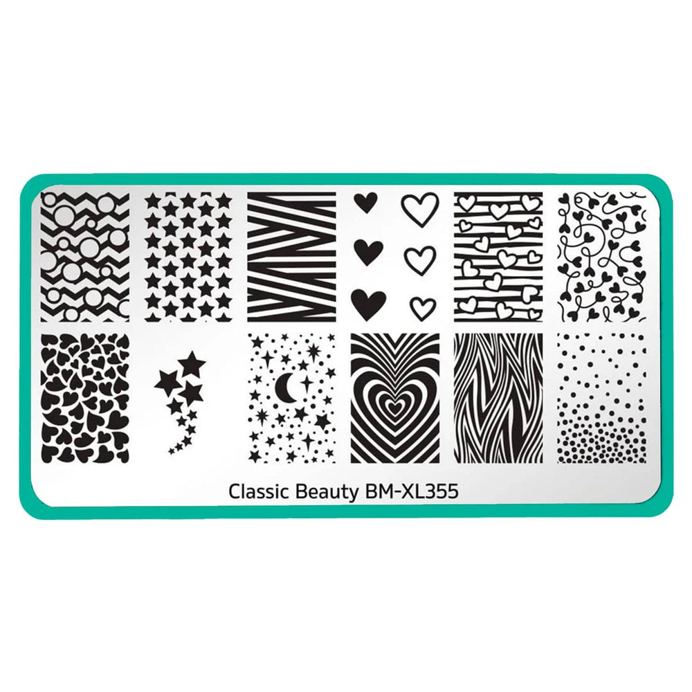 A nail stamping plate with 12 full nail designs all revolving around our love for hearts and stars patterns by Maniology (BM-XL355).