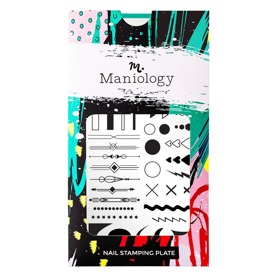 A nail stamping plate with a variety of cute shapes and geometric designs by Maniology (m053).
