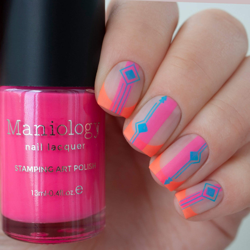  A manicured hand in pink, orange and blue with french tip design holding a polish by  Maniology (m052).
