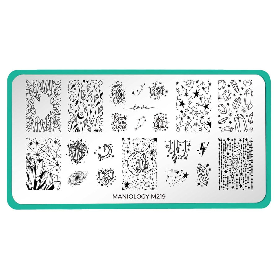 A nail stamping plate with stars, moons, expressions, and more by Maniology (m219).