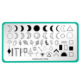  A nail stamping plate with Bold lunar phases and minimalist geometric patterns work beautifully with any earthy, bohemian design by Maniology (m119).