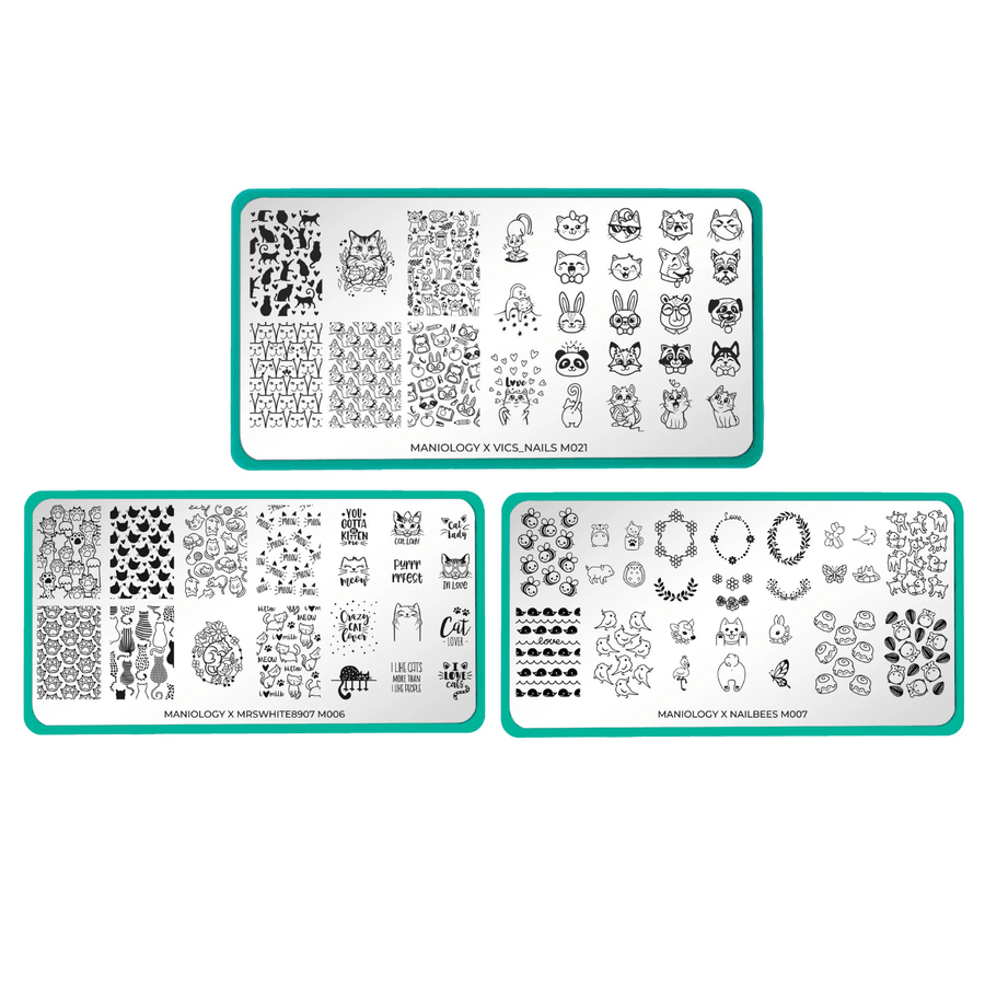 3 nail stamping plate sets with tons of cute animals like cuddle cats, dogs, rabbits and floral frames designs by Maniology.