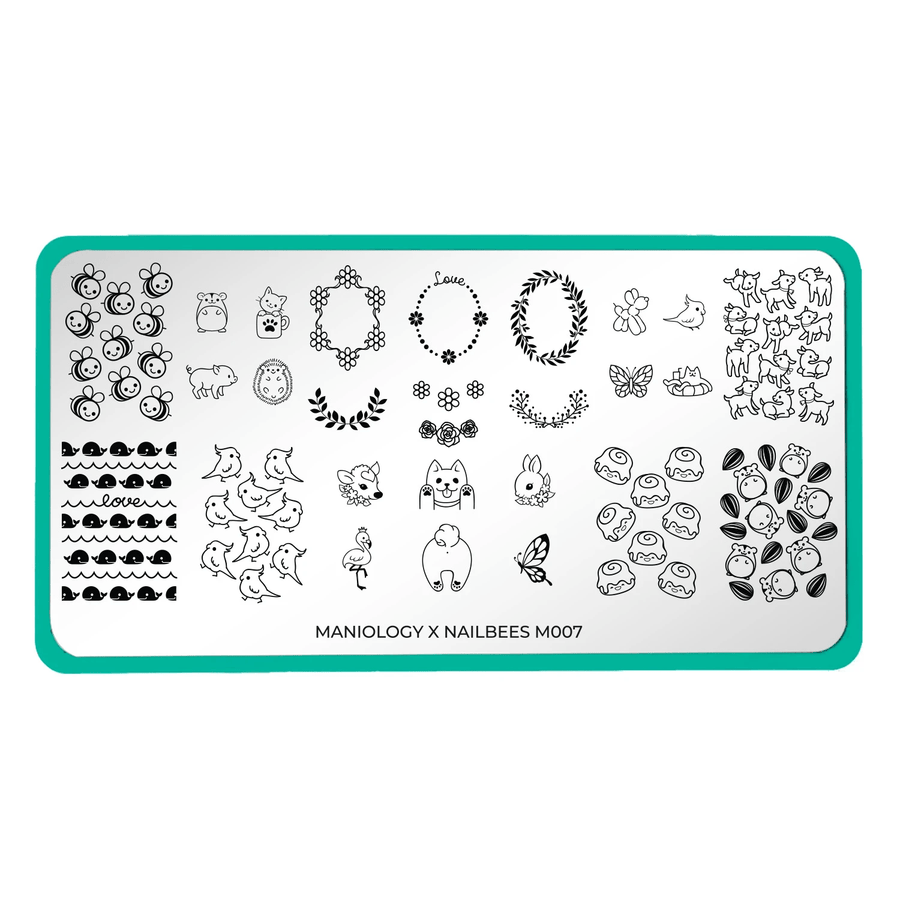 An Artist Collaboration (Nailbees) nail stamping plate featuring tons of kawaii full nail and accent style images with cute animals, floral frames, bees, parakeets, piggies, deer, puppy butts design by Maniology (m007).
