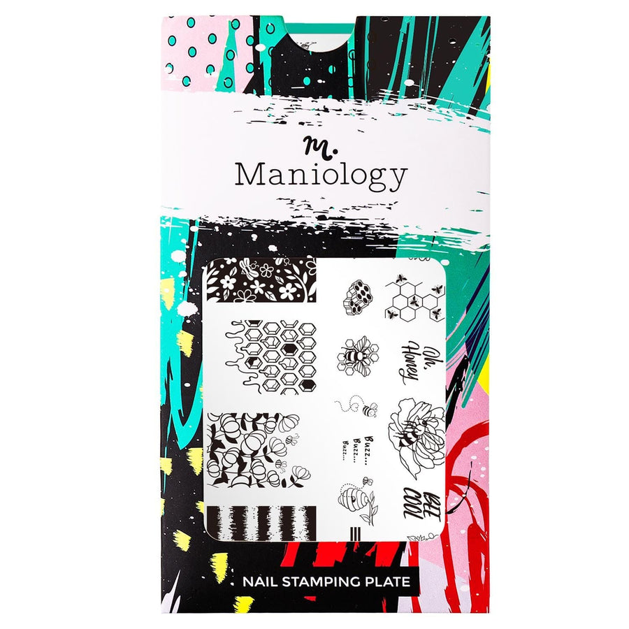 A sweet nail art stamping plate with pure honey and bees design by Maniology (m093).