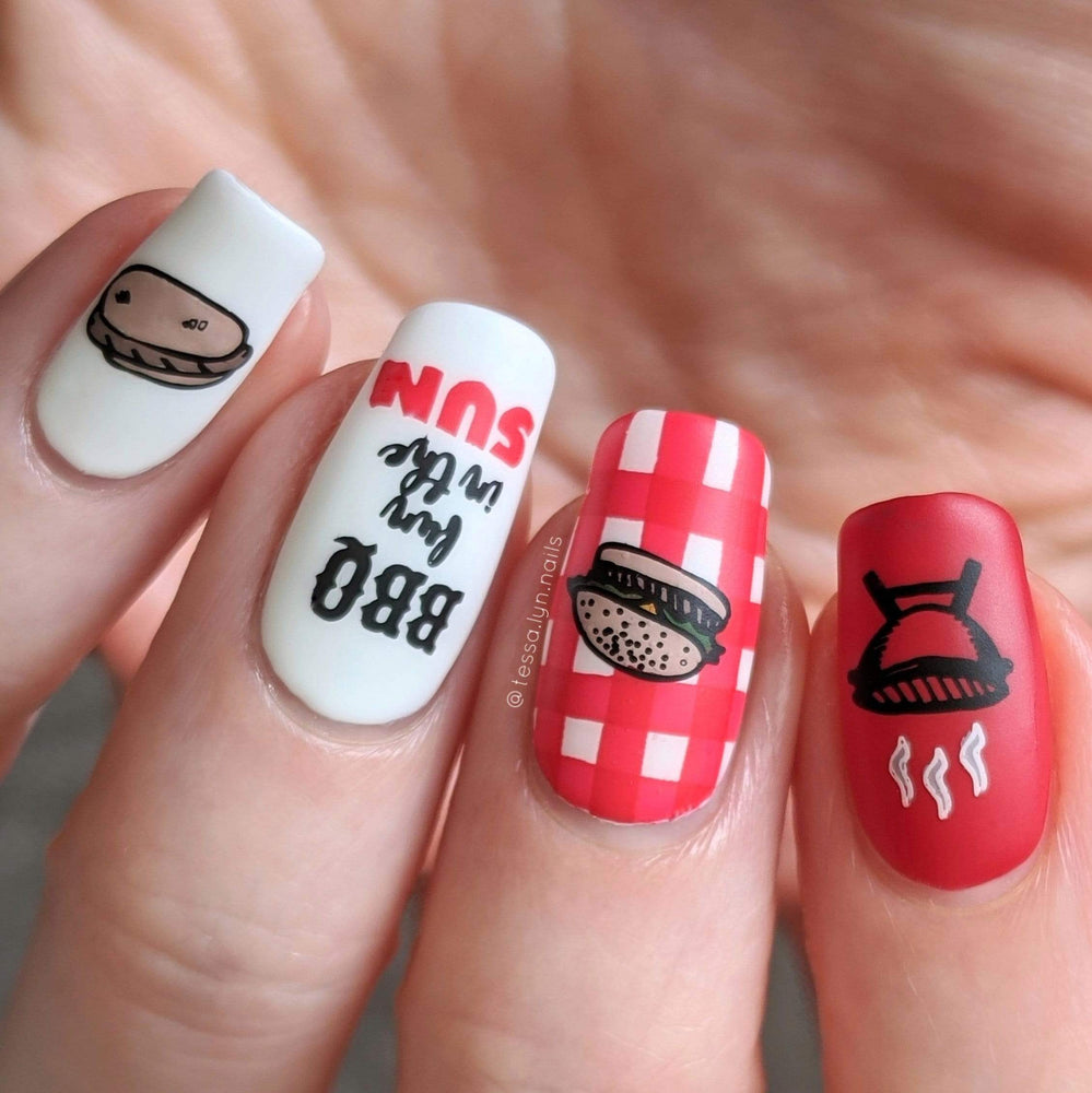 A manicured hand in red and white with burger and barbeque grill designs by Maniology Sweet Thing (m100).