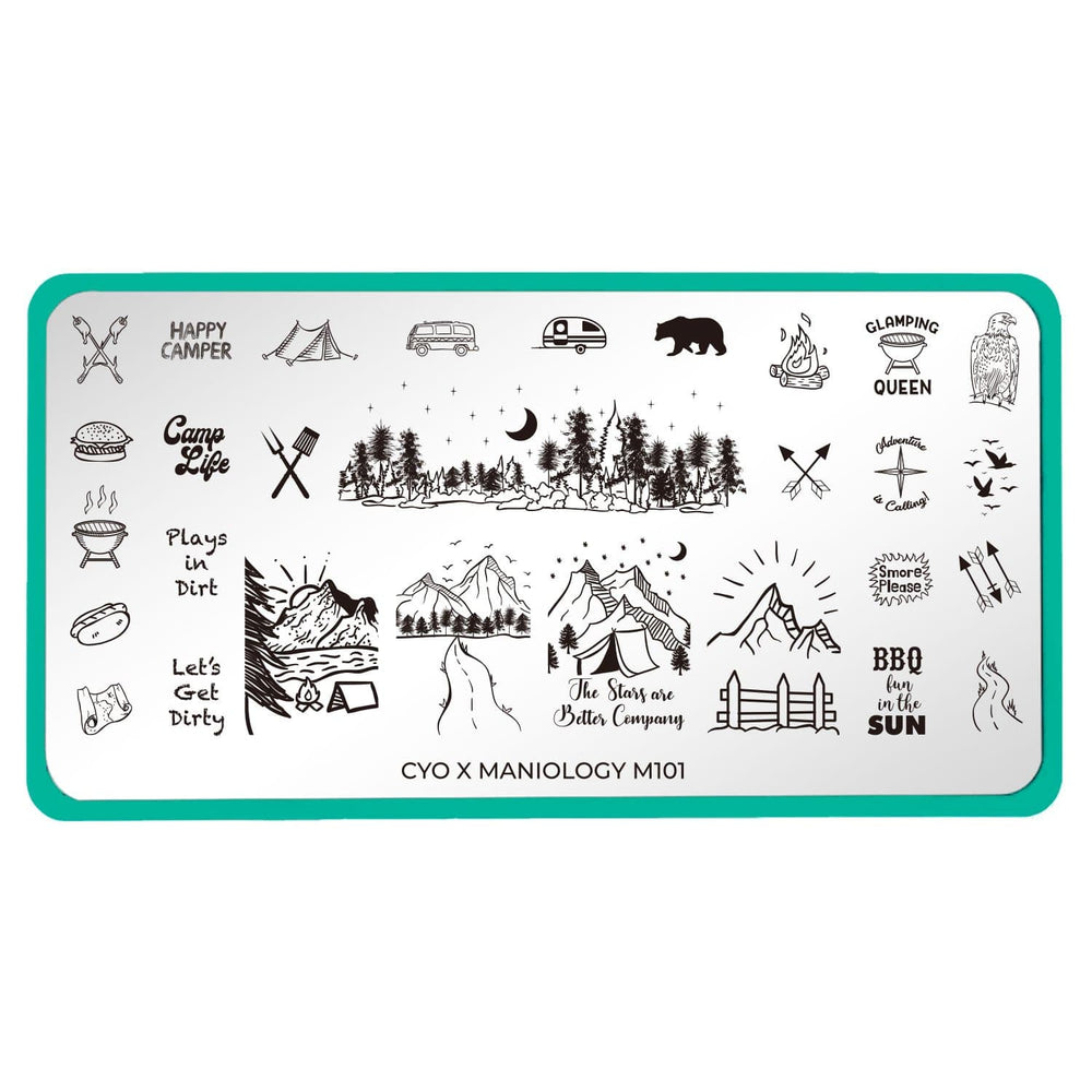 A nail stamping plate with cute images designs by Maniology Happy Camper (m101).