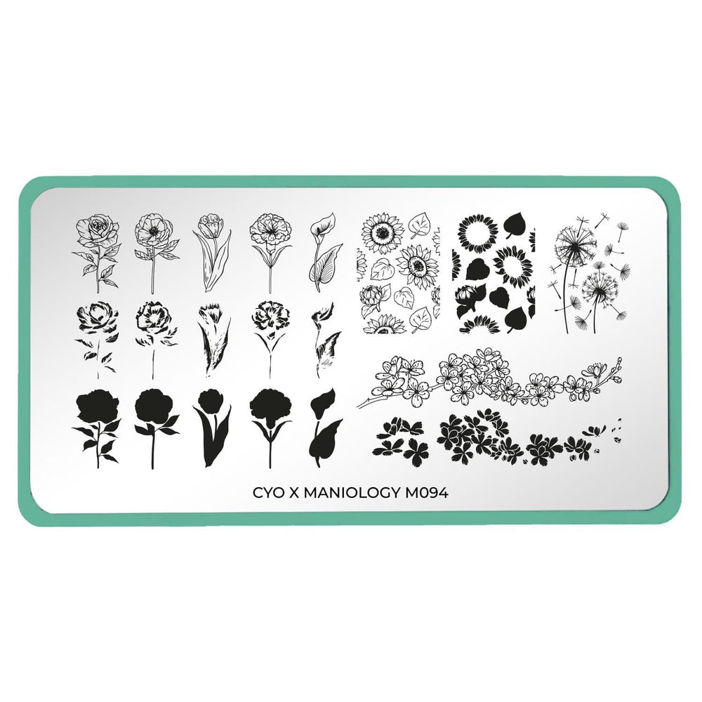 A nail stamping plate featuring layered floral patterns by Maniology (m094).
