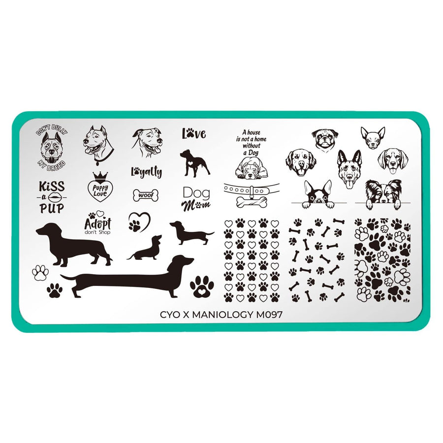 A nail stamping plate with custom-made dog-themed designs by Maniology (m097).
