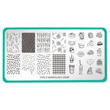 A nail stamping plate with different sweets/desserts design by Maniology (m100).