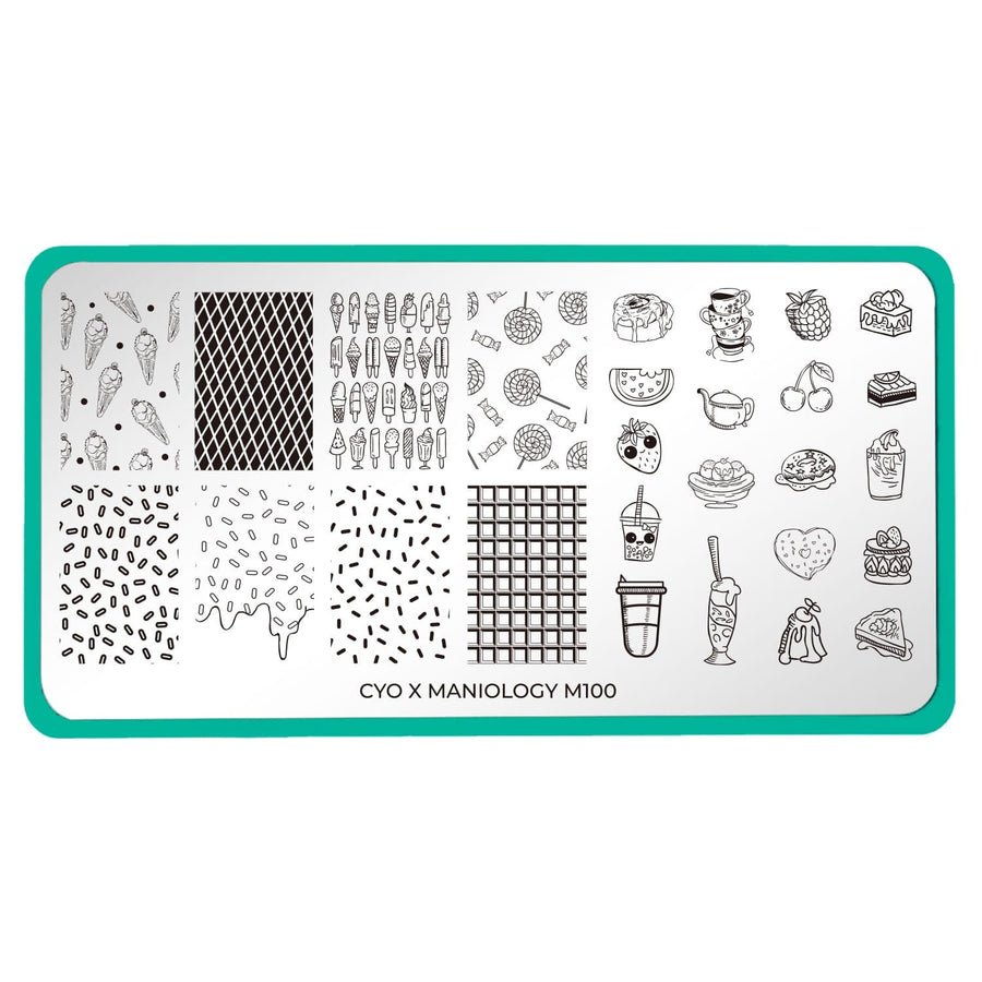 A nail stamping plate with different sweets/desserts design by Maniology (m100).