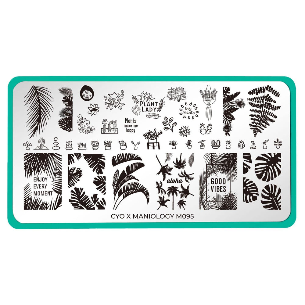 A nail stamping plate with palm trees featuring hand-drawn designs from winners of our Create Your Own 2019 Plate Design Contest by Maniolgy (m095).