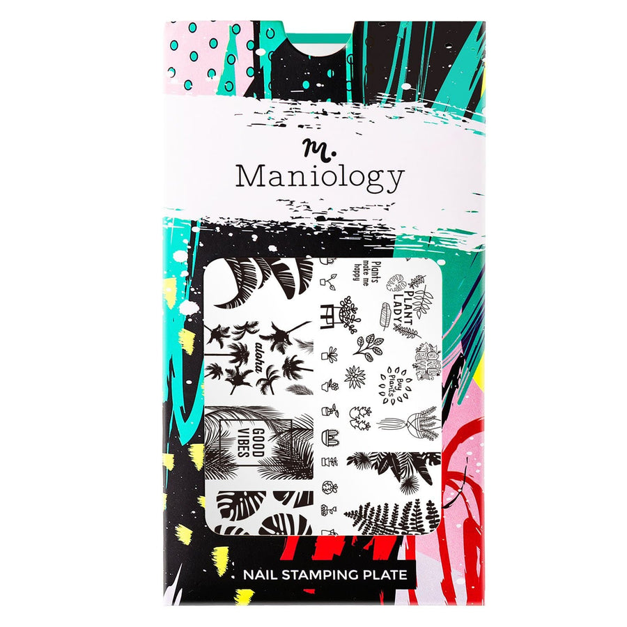 A nail stamping plate with palm trees featuring hand-drawn designs from winners of our Create Your Own 2019 Plate Design Contest by Maniolgy (m095).