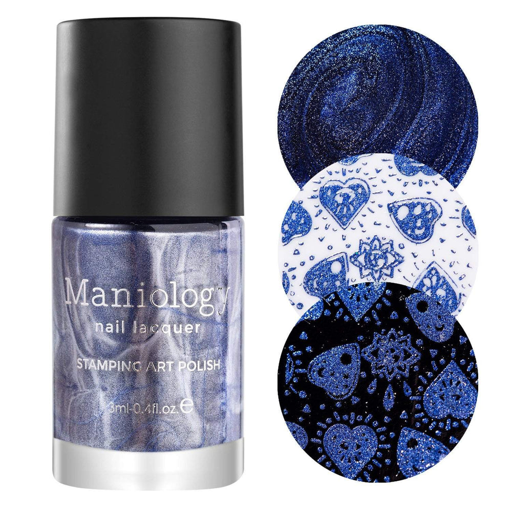 A deep navy blue stamping polish with an elegant silver metallic finish from Darkest Night collection Cauldron (B307).