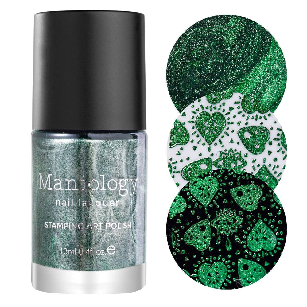 A Metallic Emerald Green Stamping Polish with a deadly touch of metallic silver from Darkest Night polish collection Poison (B309).