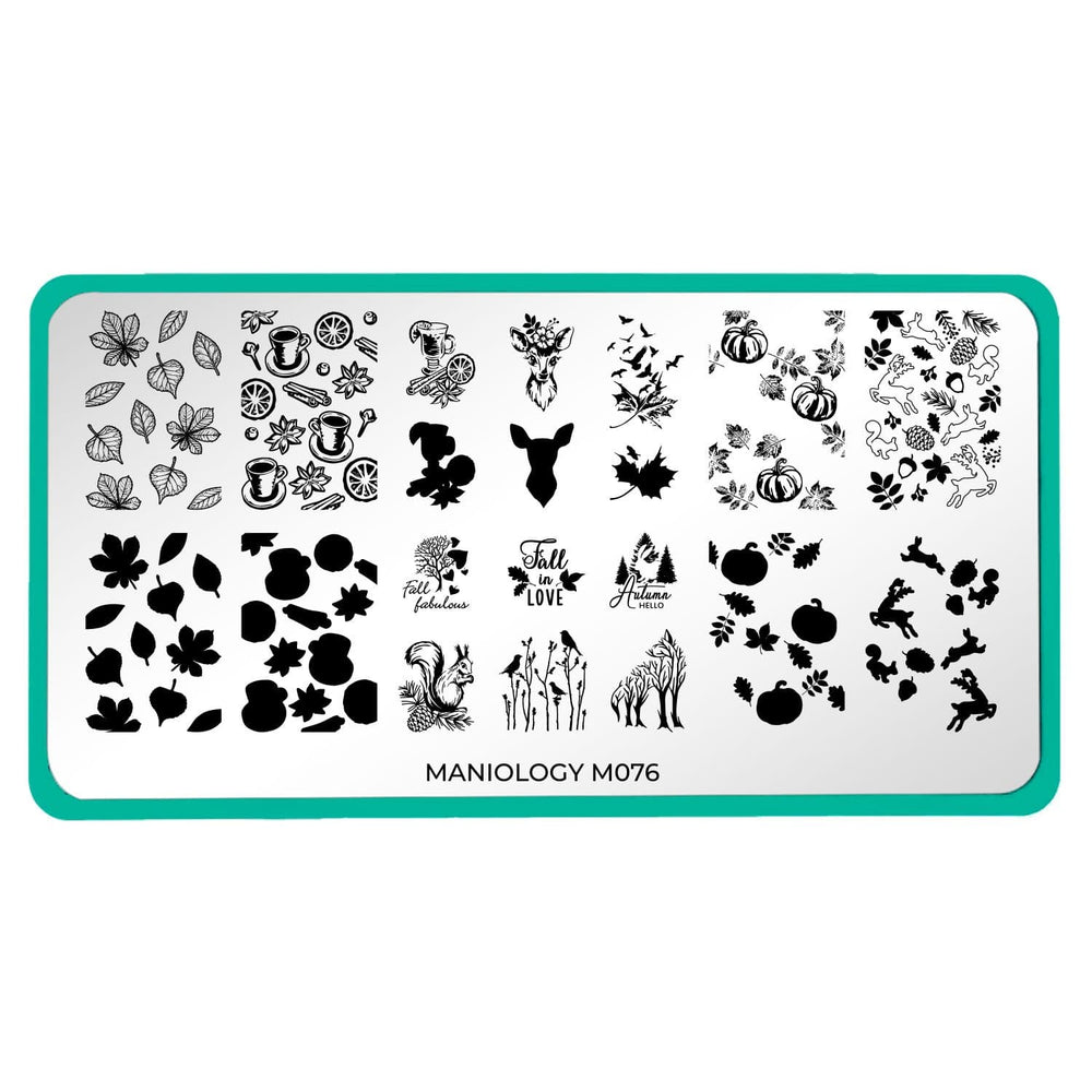 A nail stamping plate with a warm mug and some furry friends that are piled with a layered full nail and accent designs.