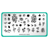 A nail stamping plate with 16 layering designs, creating colorful florals and leaves for fall by Maniology (m075).