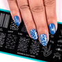 A manicured hand made with New Romantics stamping plate and Indikon (B200) stamping polish.