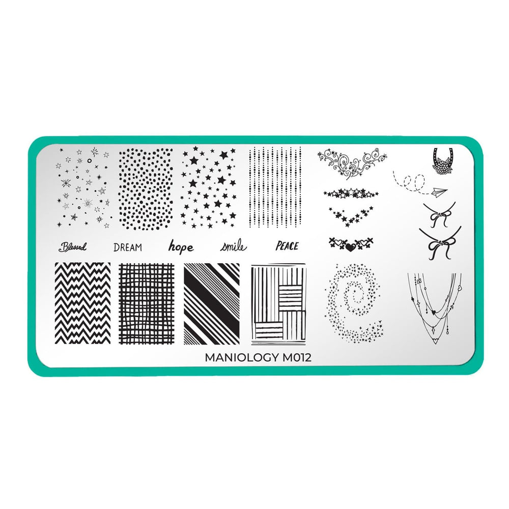 A nail stamping plate with clusters of stars, paper airplanes, polka dots and positive phrases like "dream," "hope," and "smile" design by Maniology (m012).