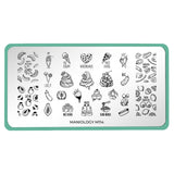 A nail stamping plate that is filled with some enticing food like pizza, meat, sausage, ice cream, buns, noodles, mushrooms, and some fresh ripe, juicy fruits by Maniology (m114).