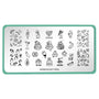 A nail stamping plate that is filled with some enticing food like pizza, meat, sausage, ice cream, buns, noodles, mushrooms, and some fresh ripe, juicy fruits by Maniology (m114).