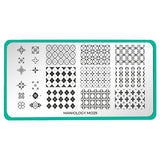 A nail stamping plate with layered tile and symmetrical designs by Maniology (m029).