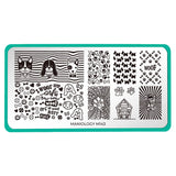 A nail stamping plate with dog faces, bones, balls, and paws designs by Maniology (m143).