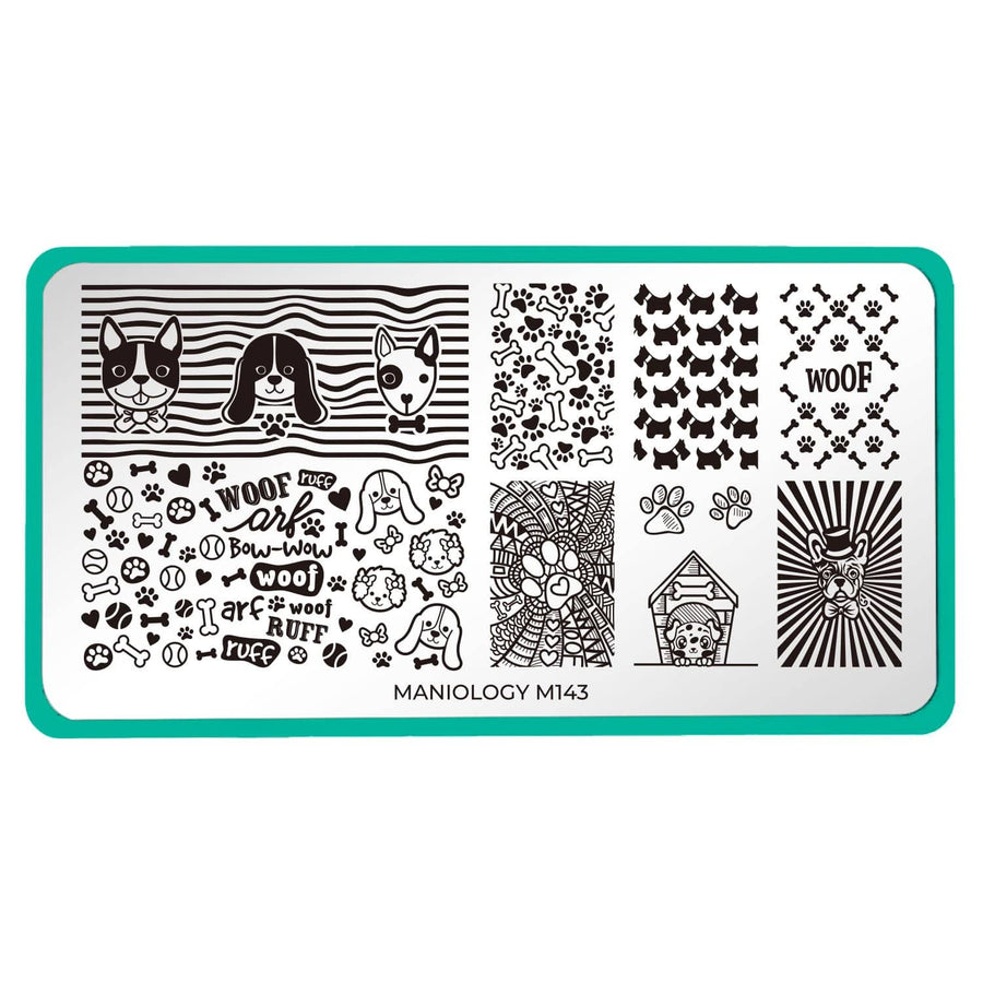 A nail stamping plate with dog faces, bones, balls, and paws designs by Maniology (m143).
