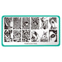A nail stamping XL plate with elephants, horses, owls, and big cats designs by Maniology (m135).