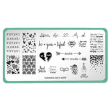 A nail stamping plate with a variety of full nail and accent style designs including hearts, words, and arrows by Maniology (m117).