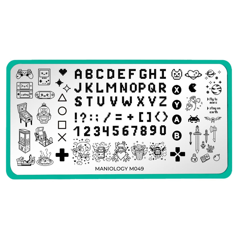 A nail stamping plate with a variety of super cute consoles and weapons, letter and numbers by Maniology (m049).