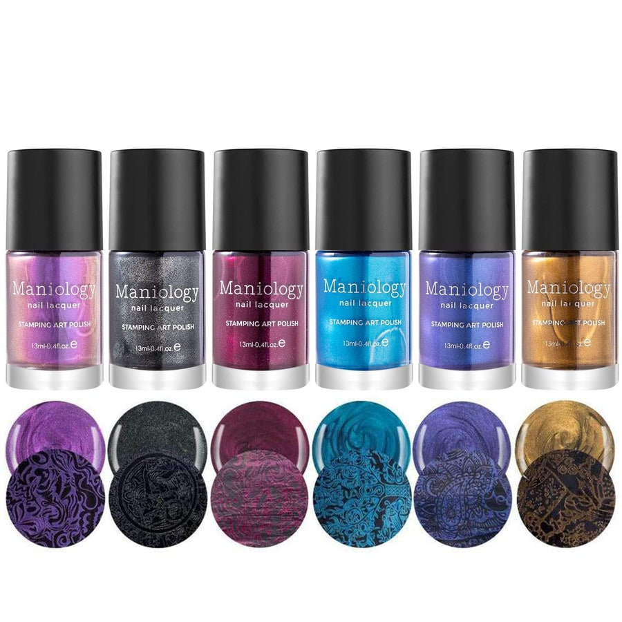 6 shimmery, heavily-pigmented creative art nail stamping polishes from Grimm's Nightfall Duochrome collection by Maniology.