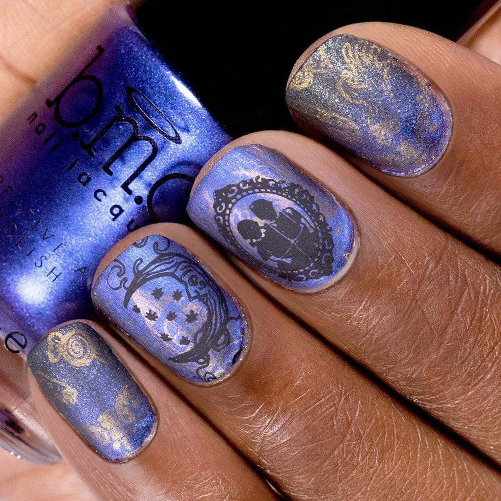 Maniology's Soulless stamped over Gretel Brittle nail stamping polish