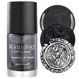 A Smoky Black Duochrome Creative Art Stamping Polish from Grimm's Nightfall Collection: Mirror, Mirror by Maniology.