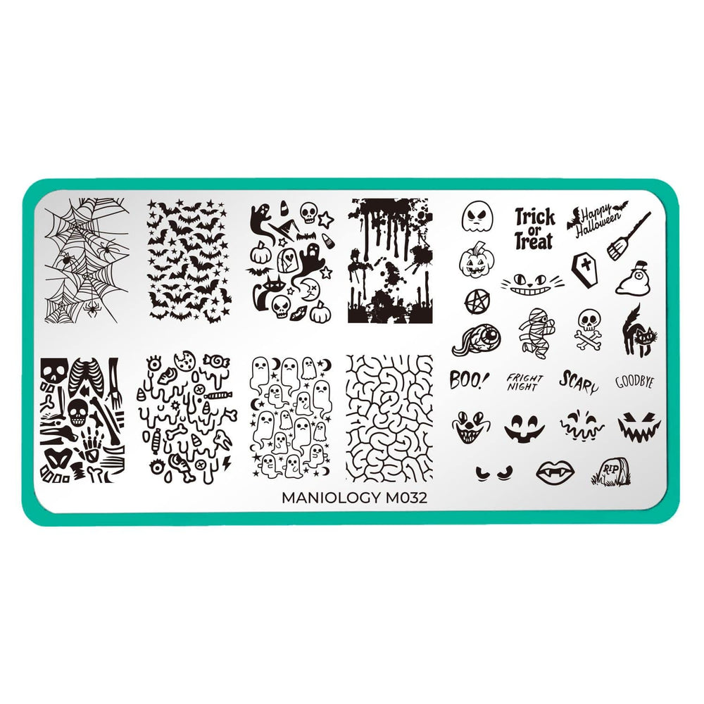 A nail stamping plate with grinning jack-o'-lanterns, spooky spider webs, and oozing body parts designs by Maniology (m032).