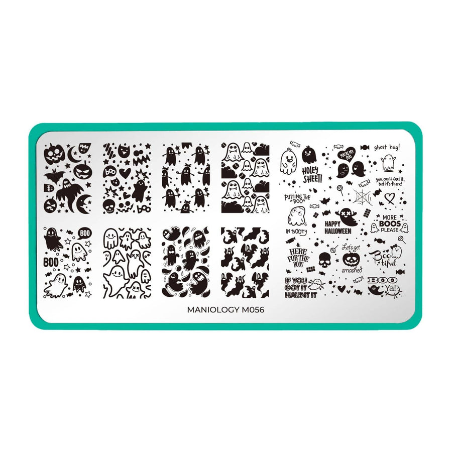 A nail stamping plate with a spooky ghosts, happy ghosts, chubby ghosts, and even more ghosts galore designs by Maniology (m056).