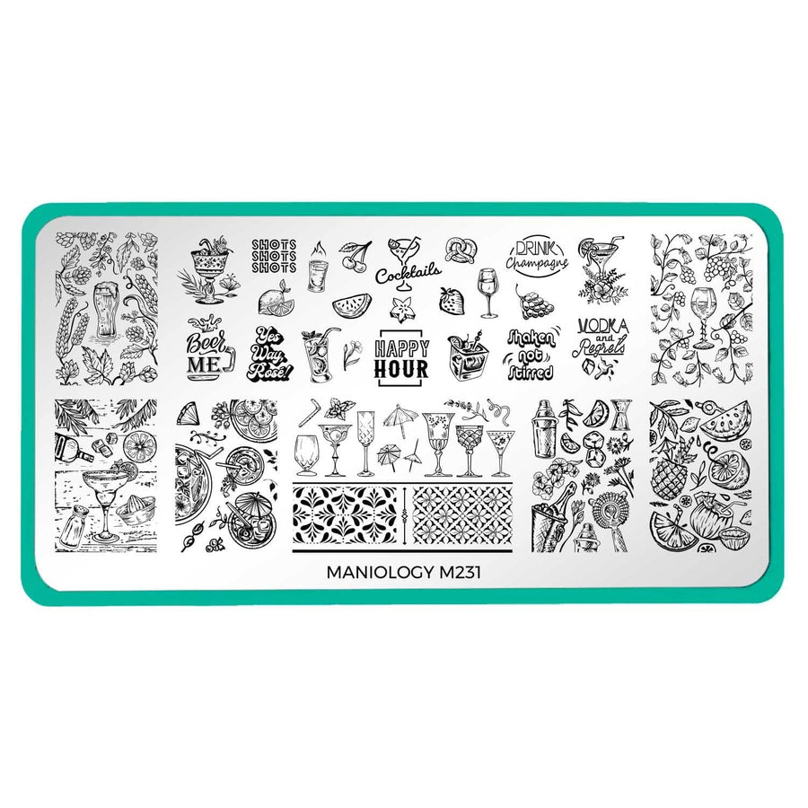 A nail stamping plate with a delicious mix of drinks, glasses, and bar decor by Maniology (m231).