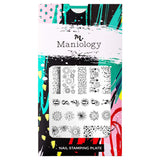 A nail stamping plate with numbers, fireworks, champagne patterns, an overflowing full nail and accent designs by Maniology (m042).