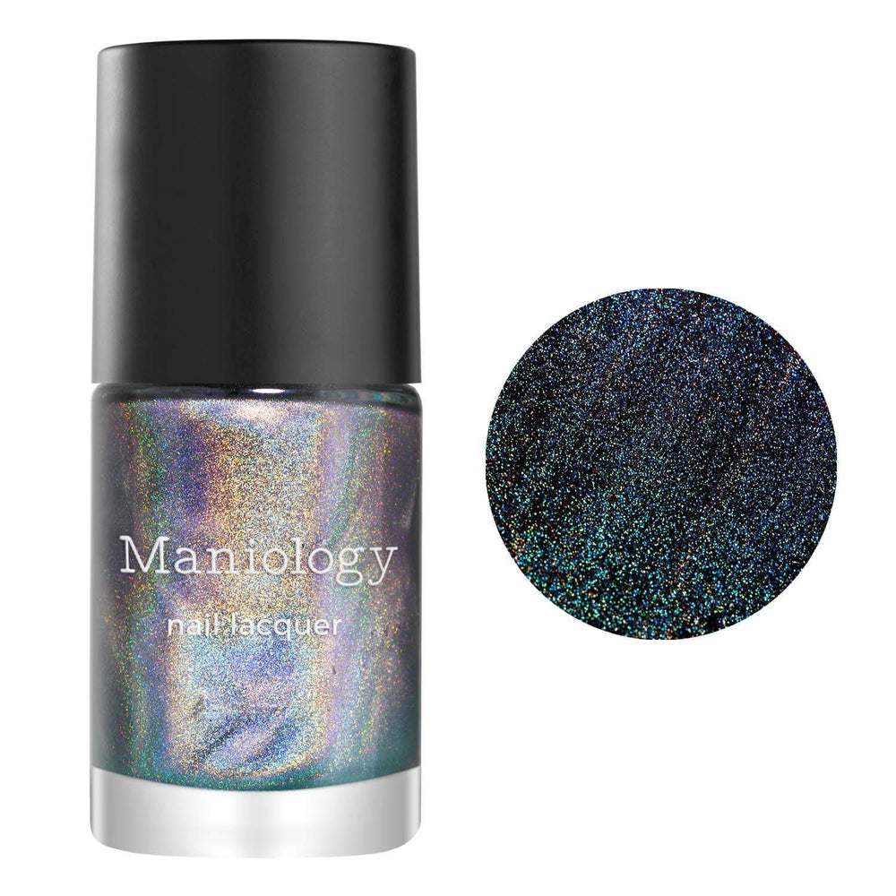 A top coat that adds a layer of ultra fine holographic shimmers to your nail art and dries with a semi-gloss finish by Manilogy.